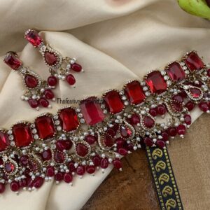 Bridal all stones choker set - Maroon / Ruby