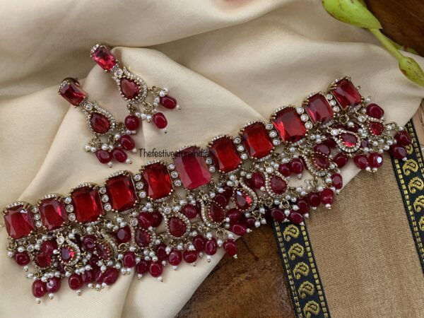 Bridal all stones choker set - Maroon / Ruby