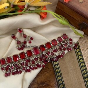Bridal all stones choker set - Maroon / Ruby
