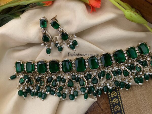 Bridal all stones choker set - Emerald / Green