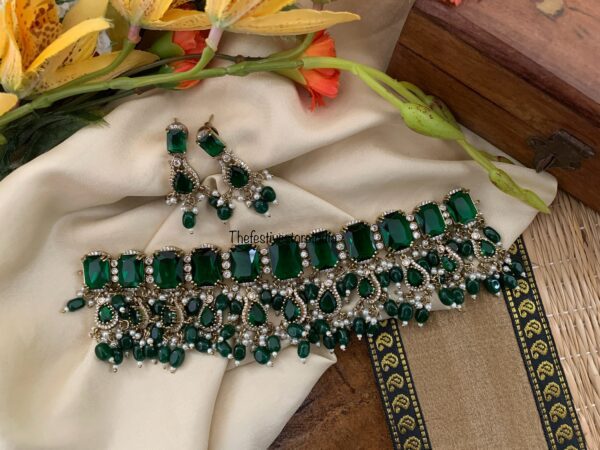 Bridal all stones choker set - Emerald / Green