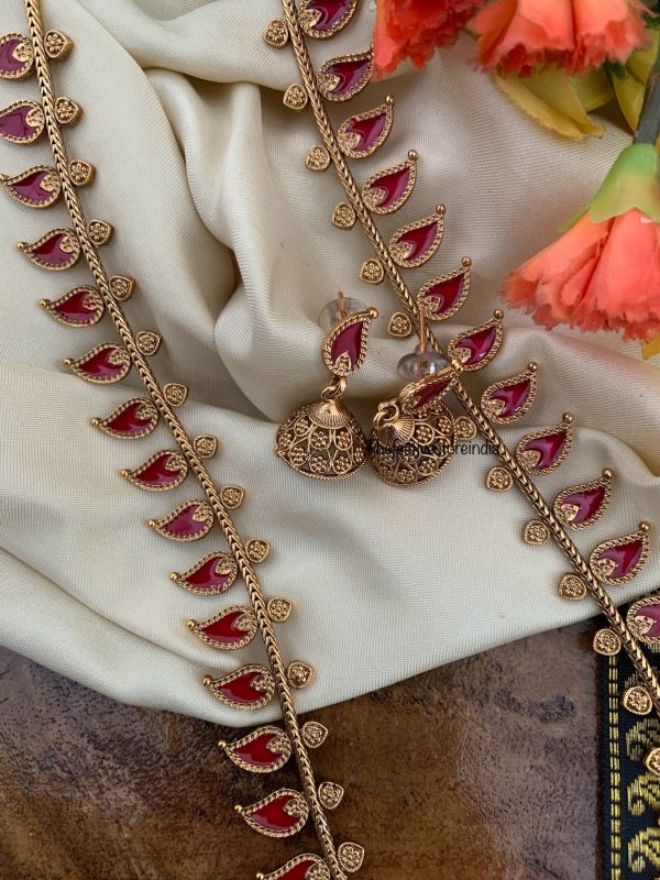 Budgeted Matte Enamel painted Palakka Haaram set - RED | Haaram | long chain