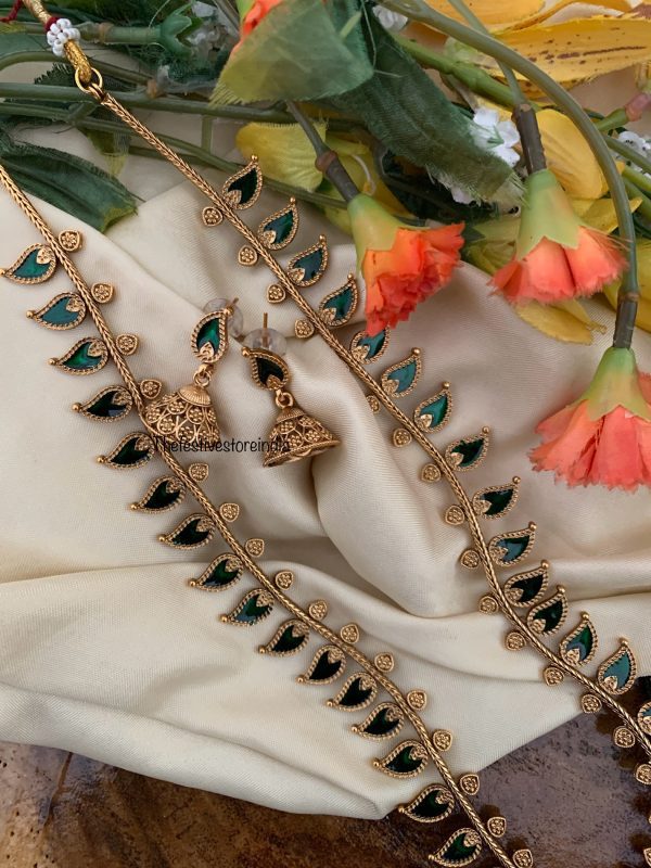 Budgeted Matte Enamel painted Palakka Haaram set - GREEN | Haaram | long chain