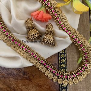 Premium Rubyrose stone Lakshmi Kaasu Haaram set| Haaram | long chain | Bridal