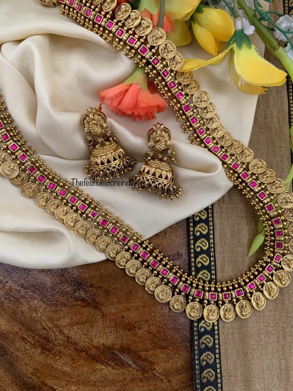 Premium Rubyrose stone Lakshmi Kaasu Haaram set| Haaram | long chain | Bridal