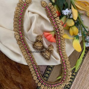 Premium Rubyrose stone Lakshmi Kaasu Haaram set| Haaram | long chain | Bridal