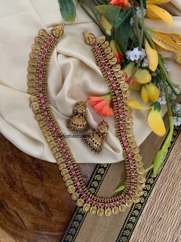 Premium Rubyrose stone Lakshmi Kaasu Haaram set| Haaram | long chain | Bridal