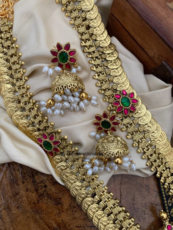 Jadau Kaasu Bridal Gandaberunda haaram set with jhumkas