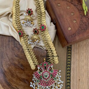 Jadau Kaasu Bridal Gandaberunda haaram set with jhumkas