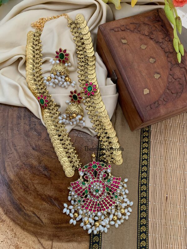 Jadau Kaasu Bridal Gandaberunda haaram set with jhumkas