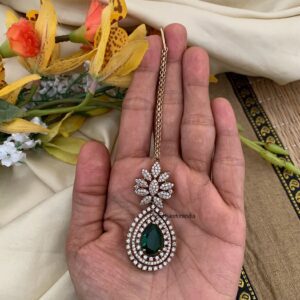 All diamonds and emerald stone maangtikka - Diamond look alike