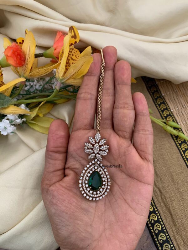 All diamonds and emerald stone maangtikka - Diamond look alike