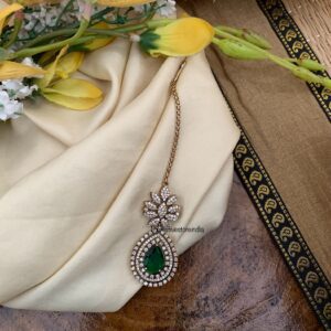 All diamonds and emerald stone maangtikka - Diamond look alike