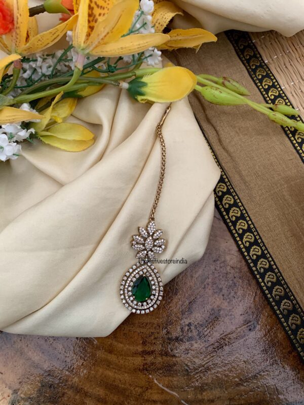 All diamonds and emerald stone maangtikka - Diamond look alike