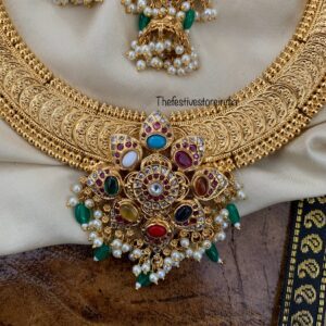 Gold look alike kaasu with Navrathna pendant necklace set | jhumka | Bridal
