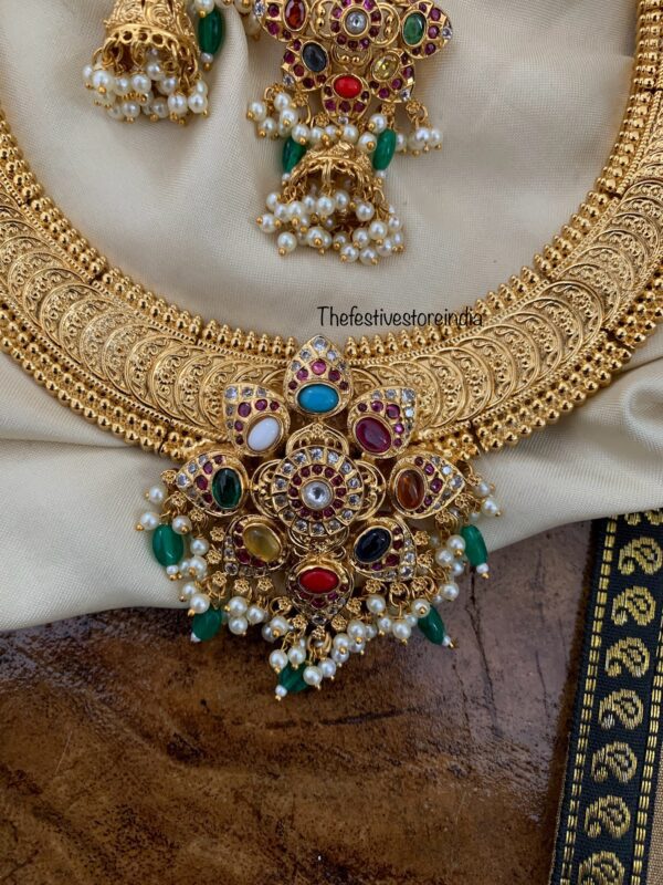 Gold look alike kaasu with Navrathna pendant necklace set | jhumka | Bridal