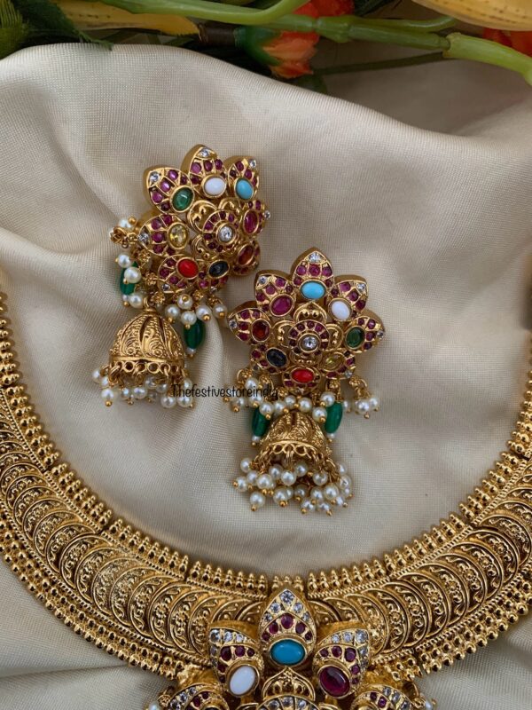 Gold look alike kaasu with Navrathna pendant necklace set | jhumka | Bridal