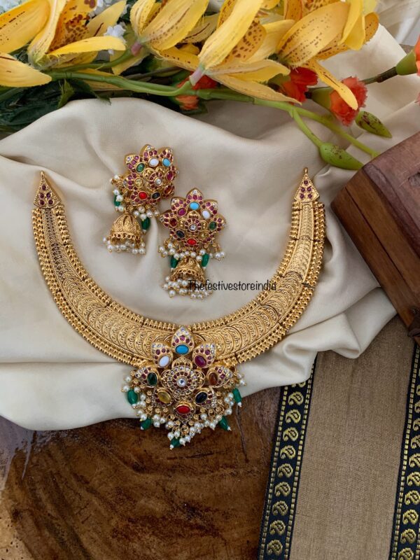 Gold look alike kaasu with Navrathna pendant necklace set | jhumka | Bridal