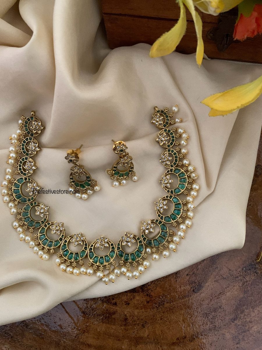 Chandbali pearls necklace set - All Green