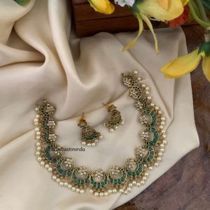 Chandbali pearls necklace set - All Green