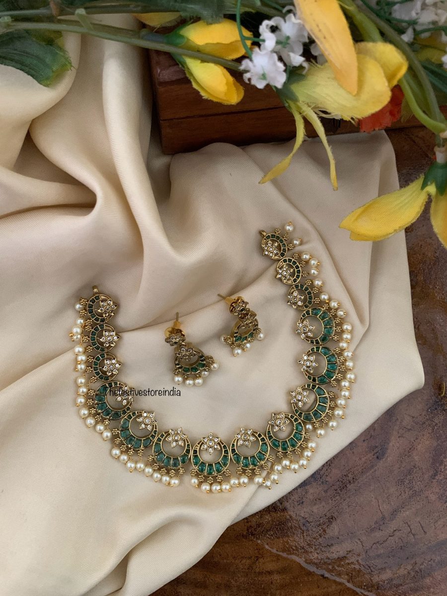 Chandbali pearls necklace set - All Green