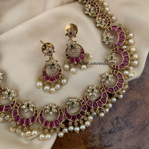 Chandbali pearls necklace set - Red Green