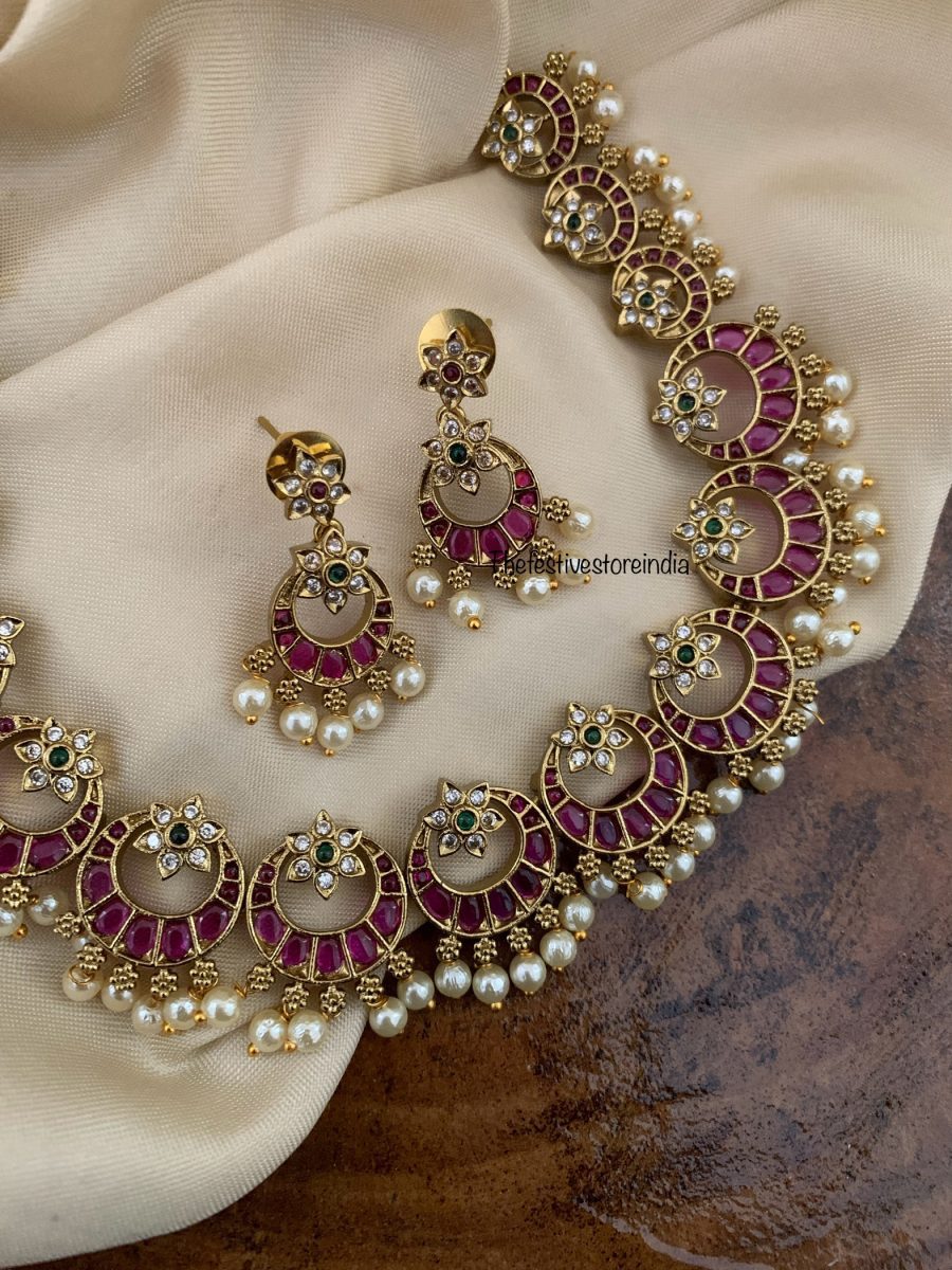 Chandbali pearls necklace set - Red Green