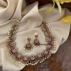 Chandbali pearls necklace set - Red Green