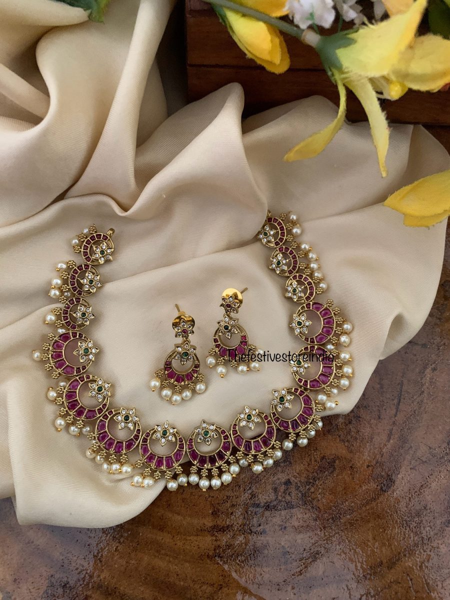 Chandbali pearls necklace set - Red Green
