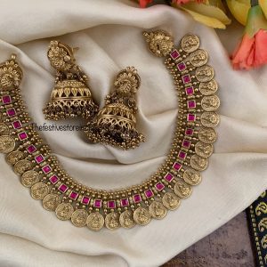 Premium Rubyrose stone Lakshmi Kaasu necklace set| Haaram | Bridal