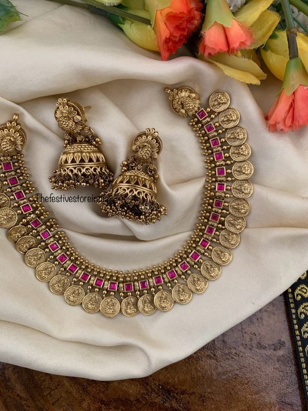 Premium Rubyrose stone Lakshmi Kaasu necklace set| necklace | Bridal