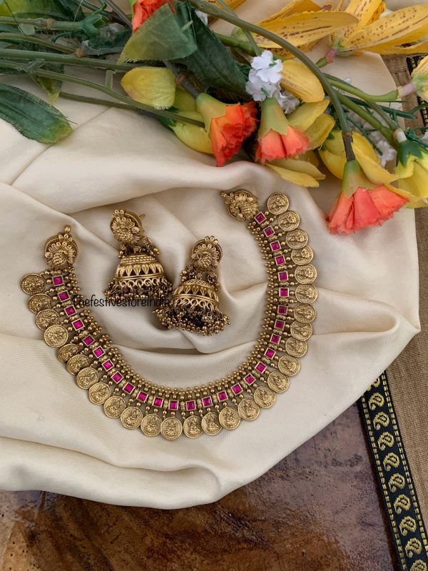 Premium Rubyrose stone Lakshmi Kaasu necklace set| necklace | Bridal