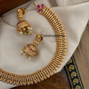 Simple gold look alike chain with lakshmi jhumkas