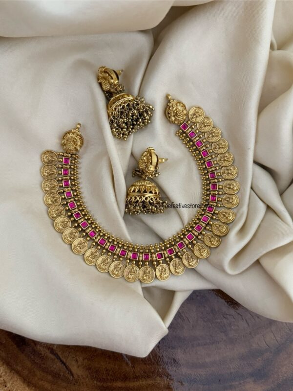 Premium Rubyrose stone Lakshmi Kaasu necklace set| necklace | Bridal