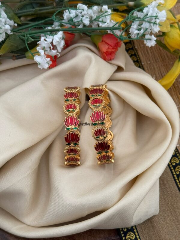 Lightweight enamel painted Lotus(small motif) bangles - Set of 2