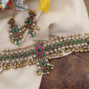 Statement red green stone with gold drops choker set | Non idol
