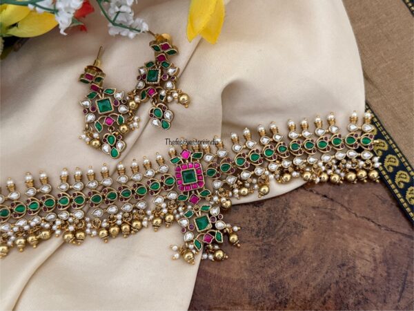 Statement red green stone with gold drops choker set | Non idol