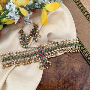 Statement red green stone with gold drops choker set | Non idol
