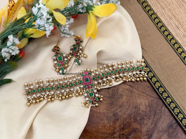Statement red green stone with gold drops choker set | Non idol