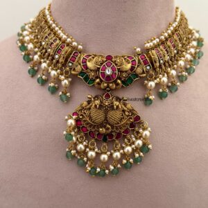 Jadau Antique polish Bridal necklace with jhumkas