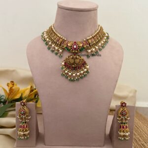 Jadau Antique polish Bridal necklace with jhumkas