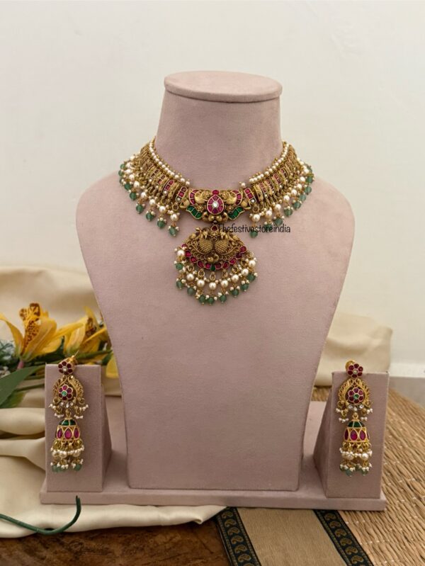 Jadau Antique polish Bridal necklace with jhumkas