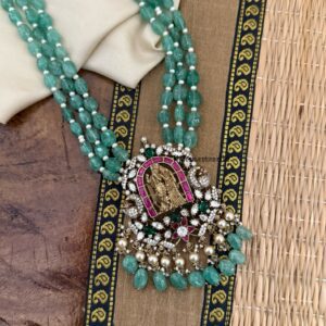 Jadau green beads Radha Krishna pendant Moissanite stone Haaram