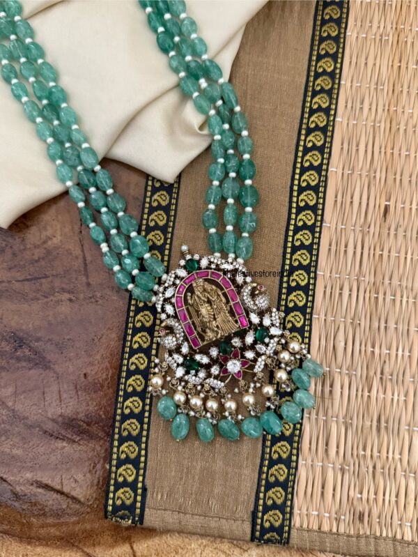 Jadau green beads Radha Krishna pendant Moissanite stone Haaram