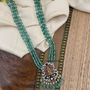 Jadau green beads Radha Krishna pendant Moissanite stone Haaram