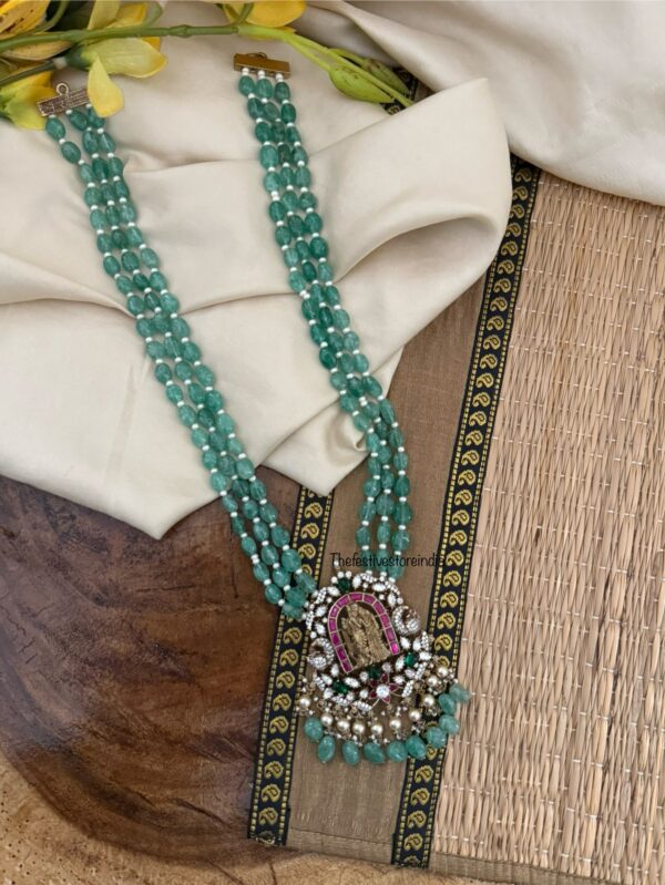 Jadau green beads Radha Krishna pendant Moissanite stone Haaram