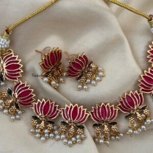 Enamel painted Lotus with pearl drops necklace set