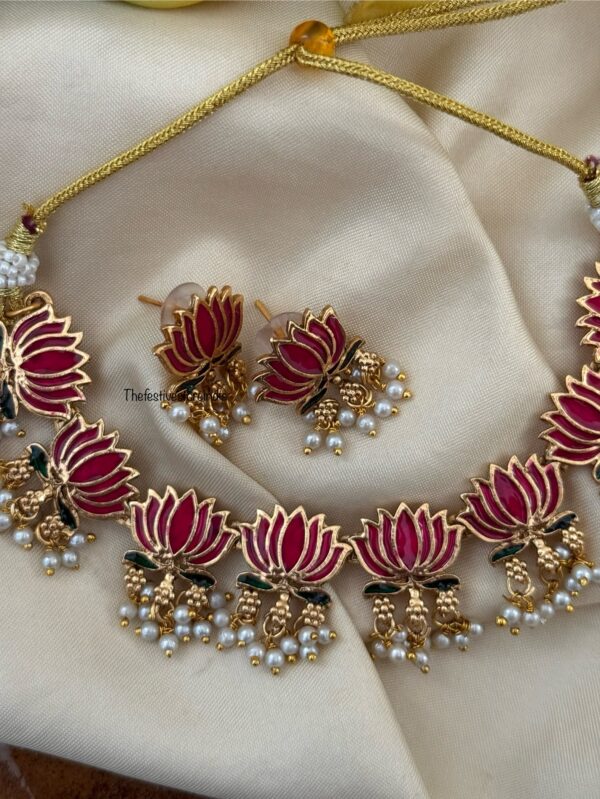 Enamel painted Lotus with pearl drops necklace set
