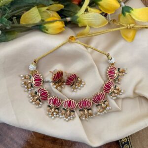 Enamel painted Lotus with pearl drops necklace set