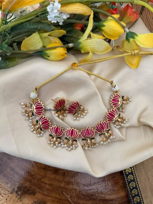 Enamel painted Lotus with pearl drops necklace set
